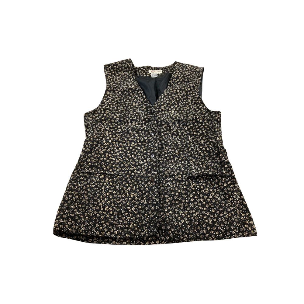 Vintage Talbots Size 8 Black and Gold Leaf Print Button Up Vest All Silk